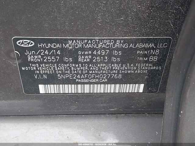 Продажа на аукционе авто 2015 Hyundai Sonata Se, vin: 5NPE24AF0FH027768, номер лота: 45966752
