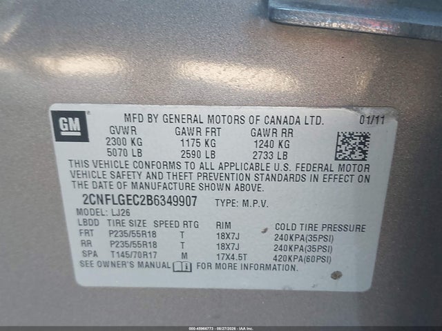 45966773 :رقم المزاد ، 2CNFLGEC2B6349907 vin ، 2011 Chevrolet Equinox Ltz مزاد بيع