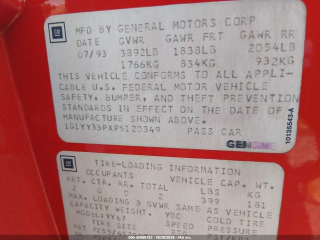 45966782 :رقم المزاد ، 1G1YY33PXP5120349 vin ، 1993 Chevrolet Corvette مزاد بيع