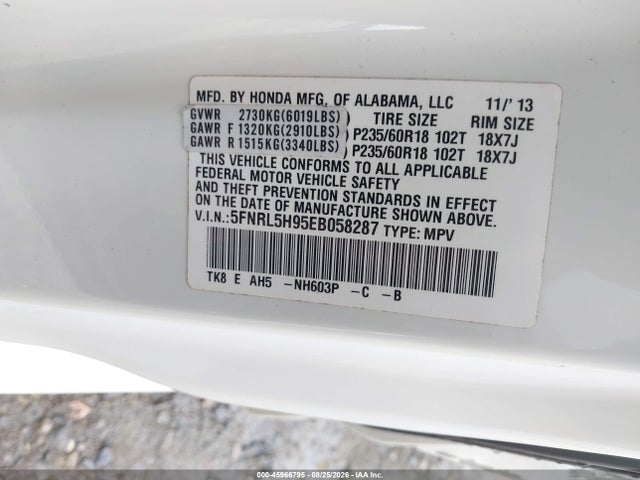 Продаж на аукціоні авто 2014 Honda Odyssey Touring/touring Elite, vin: 5FNRL5H95EB058287, номер лоту: 45966795