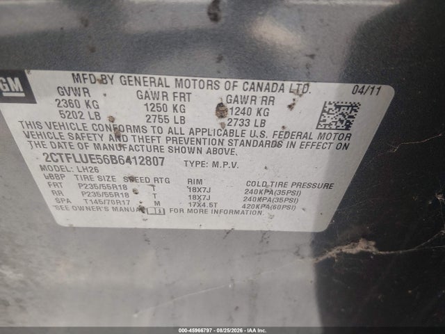 45966797 :رقم المزاد ، 2CTFLUE56B6412807 vin ، 2011 Gmc Terrain Slt-1 مزاد بيع