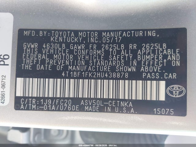 Продаж на аукціоні авто 2017 Toyota Camry Le, vin: 4T1BF1FK2HU438878, номер лоту: 45966798
