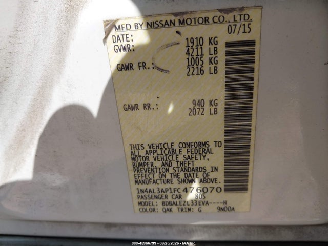 Aukcja sprzedaży 2015 Nissan Altima 2.5 S, vin: 1N4AL3AP1FC476070, numer aukcji: 45966799