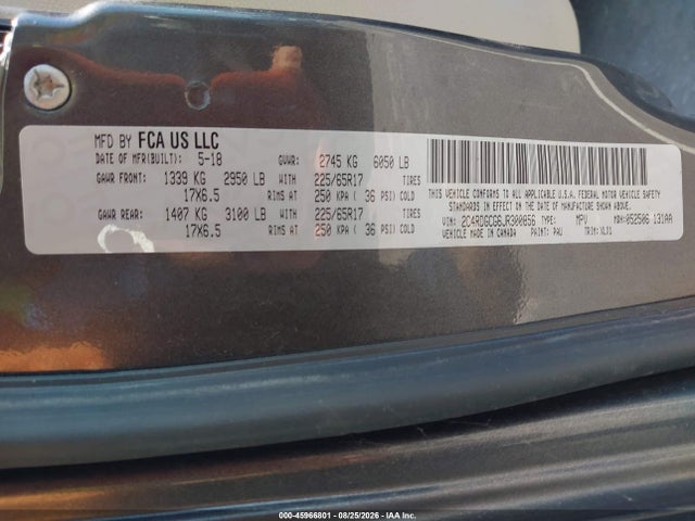 Aukcja sprzedaży 2018 Dodge Grand Caravan Sxt, vin: 2C4RDGCG6JR300856, numer aukcji: 45966801