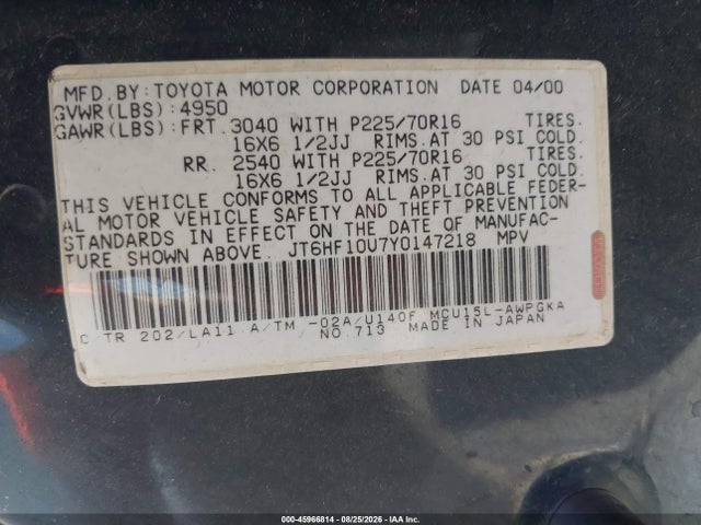 45966814 :رقم المزاد ، JT6HF10U7Y0147218 vin ، 2000 Lexus Rx 300 مزاد بيع
