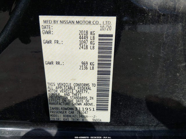 45966818 :رقم المزاد ، 1N4BL4DW0MN311951 vin ، 2021 Nissan Altima Sv Intelligent Awd مزاد بيع