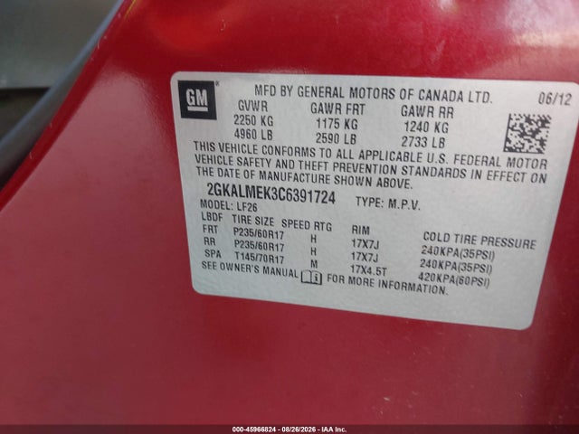 2012 Gmc Terrain Sle-1 მანქანა იყიდება აუქციონზე, vin: 2GKALMEK3C6391724, აუქციონის ნომერი: 45966824