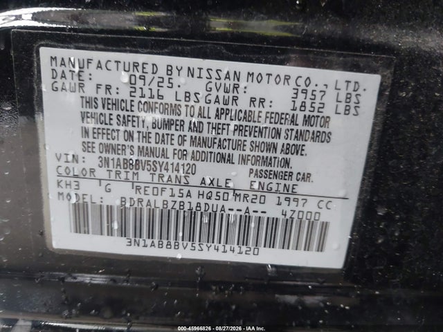 2025 Nissan Sentra S მანქანა იყიდება აუქციონზე, vin: 3N1AB8BV5SY414120, აუქციონის ნომერი: 45966826