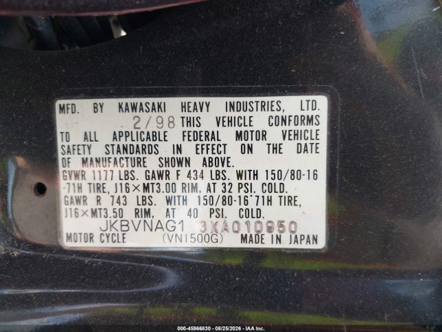 45966830 :رقم المزاد ، JKBVNAG13XA010950 vin ، 1999 Kawasaki Vn1500 G مزاد بيع