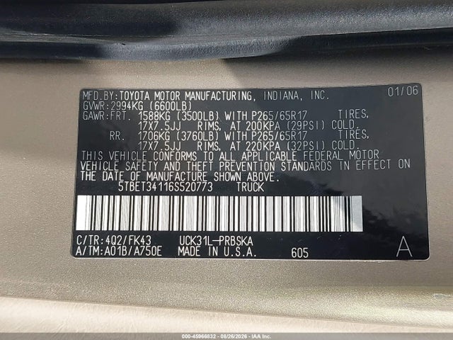 Aukcja sprzedaży 2006 Toyota Tundra Sr5 V8, vin: 5TBET34116S520773, numer aukcji: 45966832