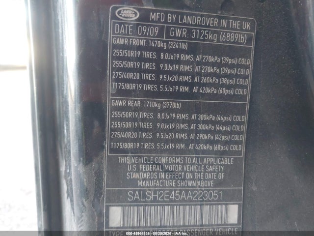 2010 Land Rover Range Rover Sport მანქანა იყიდება აუქციონზე, vin: SALSH2E45AA223051, აუქციონის ნომერი: 45966836