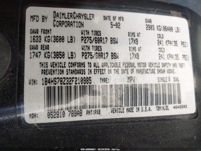 Aukcja sprzedaży 2002 Dodge Durango R/t, vin: 1B4HS78Z32F210985, numer aukcji: 45966861