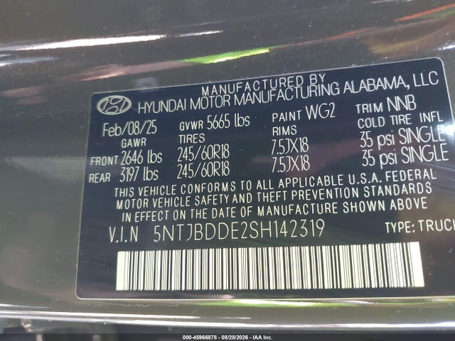 Продаж на аукціоні авто 2025 Hyundai Santa Cruz Sel, vin: 5NTJBDDE2SH142319, номер лоту: 45966878