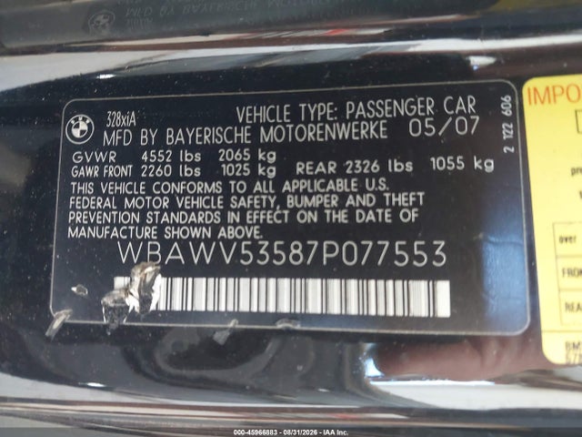 Aukcja sprzedaży 2007 Bmw 328xi, vin: WBAWV53587P077553, numer aukcji: 45966883