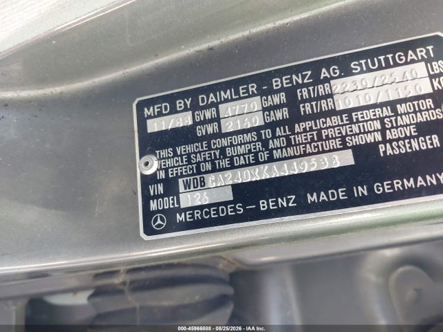 45966888 :رقم المزاد ، WDBCA24DXKA449538 vin ، 1989 Mercedes-benz 300 Se مزاد بيع