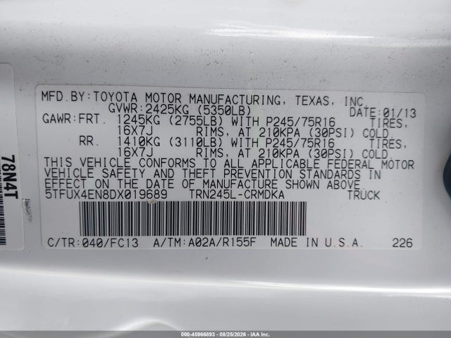 Продажа на аукционе авто 2013 Toyota Tacoma, vin: 5TFUX4EN8DX019689, номер лота: 45966893