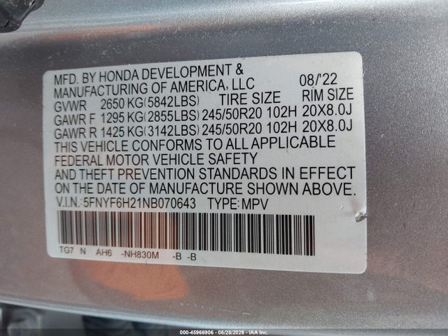 5FNYF6H21NB070643 Honda Pilot Awd Special Edition