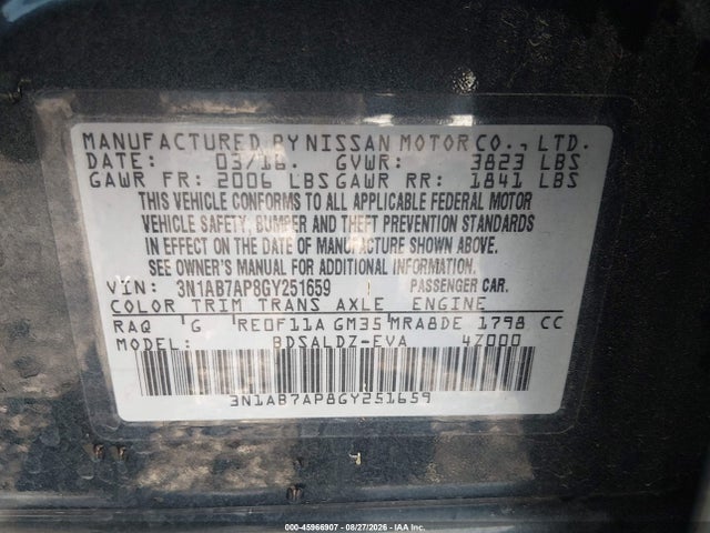 Продаж на аукціоні авто 2016 Nissan Sentra Sv, vin: 3N1AB7AP8GY251659, номер лоту: 45966907