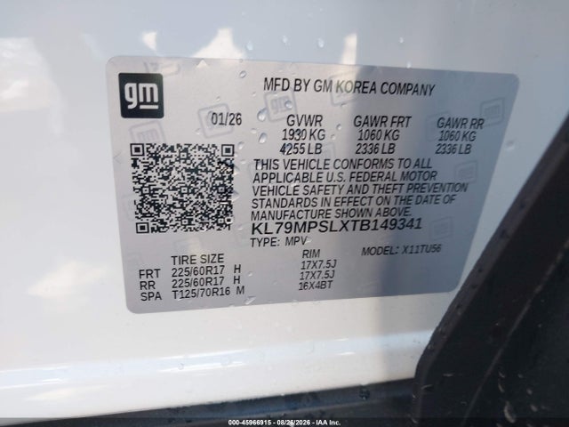 Aukcja sprzedaży 2026 Chevrolet Trailblazer Fwd Lt, vin: KL79MPSLXTB149341, numer aukcji: 45966915