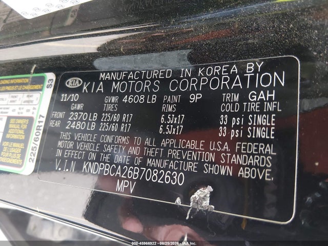 Aukcja sprzedaży 2011 Kia Sportage Lx, vin: KNDPBCA26B7082630, numer aukcji: 45966922