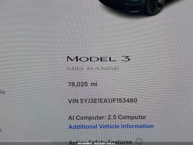 2018 Tesla Model 3 Long Range/mid Range მანქანა იყიდება აუქციონზე, vin: 5YJ3E1EA1JF153480, აუქციონის ნომერი: 45966930