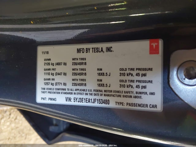 2018 Tesla Model 3 Long Range/mid Range მანქანა იყიდება აუქციონზე, vin: 5YJ3E1EA1JF153480, აუქციონის ნომერი: 45966930
