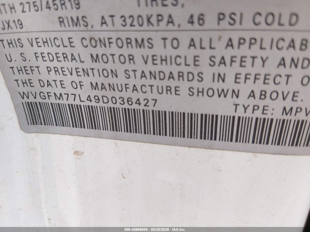 45966955 :رقم المزاد ، WVGFM77L49D036427 vin ، 2009 Volkswagen Touareg 2 V6 Tdi مزاد بيع