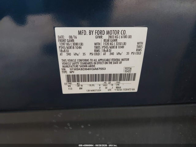 Aukcja sprzedaży 2017 Ford Explorer Xlt, vin: 1FM5K8D84HGA67553, numer aukcji: 45966964
