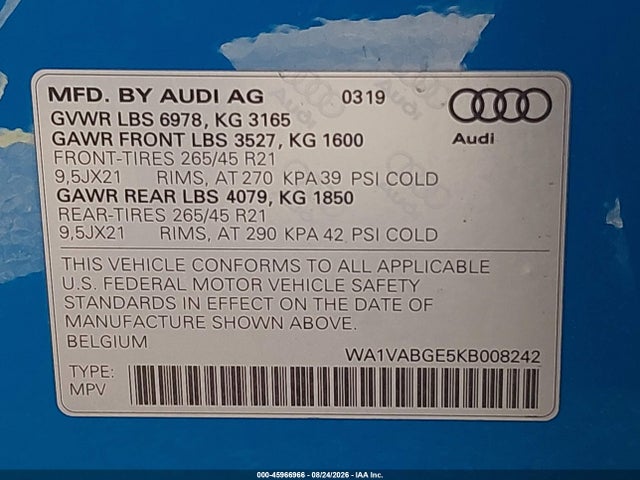 Aukcja sprzedaży 2019 Audi E-tron Premium Plus, vin: WA1VABGE5KB008242, numer aukcji: 45966966