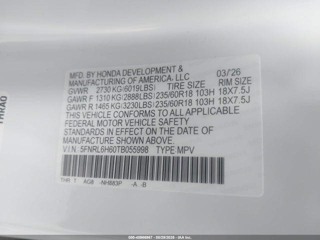 2026 Honda Odyssey Ex-l მანქანა იყიდება აუქციონზე, vin: 5FNRL6H60TB055998, აუქციონის ნომერი: 45966967
