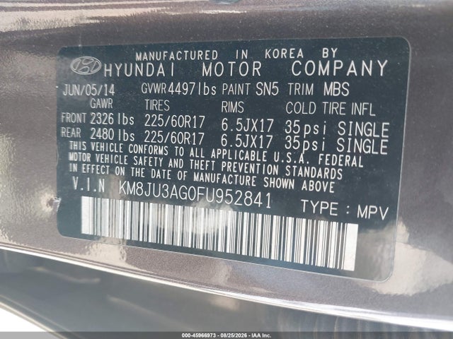 45966973 :رقم المزاد ، KM8JU3AG0FU952841 vin ، 2015 Hyundai Tucson Se مزاد بيع