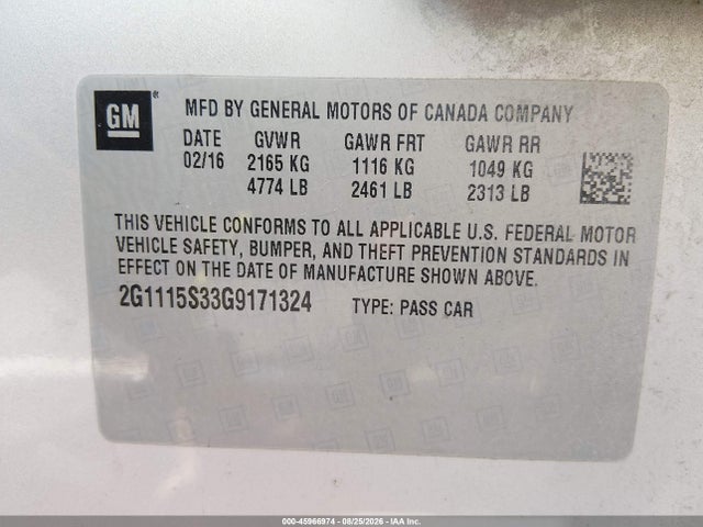 Aukcja sprzedaży 2016 Chevrolet Impala 2lt, vin: 2G1115S33G9171324, numer aukcji: 45966974