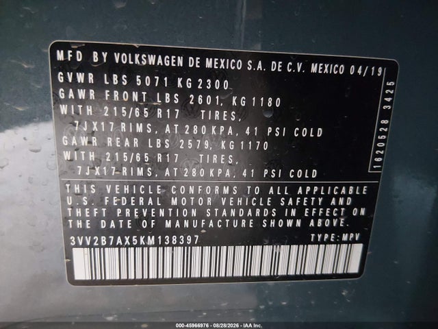 Aukcja sprzedaży 2019 Volkswagen Tiguan, vin: 3VV2B7AX5KM138397, numer aukcji: 45966976