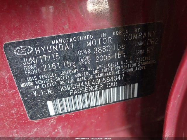 Продажа на аукционе авто 2016 Hyundai Elantra Value Edition, vin: KMHDH4AE4GU584347, номер лота: 45966979