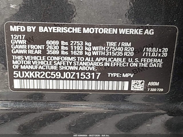 Продаж на аукціоні авто 2018 Bmw X5 Sdrive35i, vin: 5UXKR2C59J0Z15317, номер лоту: 45966984