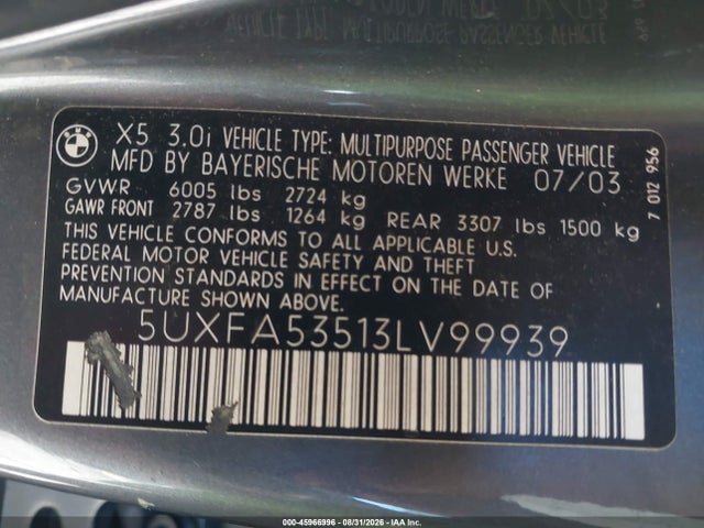 2003 Bmw X5 3.0i მანქანა იყიდება აუქციონზე, vin: 5UXFA53513LV99939, აუქციონის ნომერი: 45966996