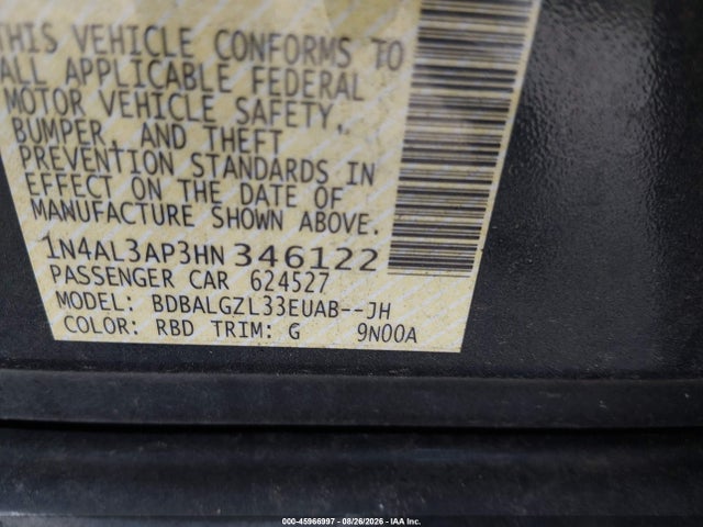 2017 Nissan Altima 2.5 S მანქანა იყიდება აუქციონზე, vin: 1N4AL3AP3HN346122, აუქციონის ნომერი: 45966997