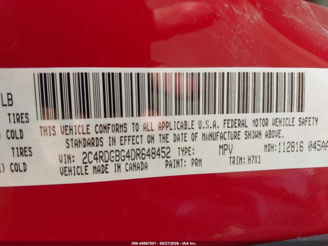 45967001 :رقم المزاد ، 2C4RDGBG4DR648452 vin ، 2013 Dodge Grand Caravan American Value Pkg مزاد بيع