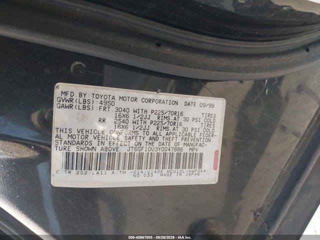 45967005 :رقم المزاد ، JT6GF10U3Y0047886 vin ، 2000 Lexus Rx 300 مزاد بيع