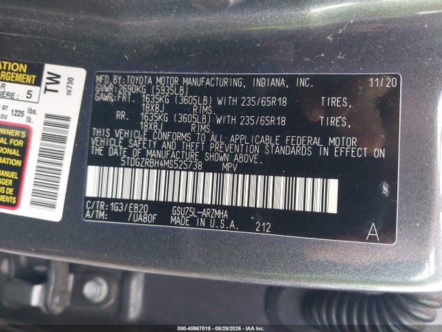 Продаж на аукціоні авто 2021 Toyota Highlander Xle, vin: 5TDGZRBH4MS525738, номер лоту: 45967010