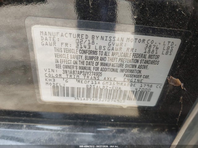 Продаж на аукціоні авто 2018 Nissan Sentra Sv, vin: 3N1AB7AP3JY274905, номер лоту: 45967012