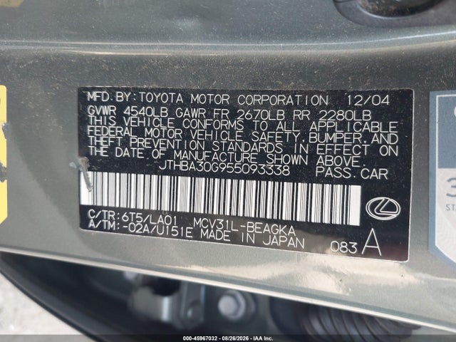 2005 Lexus Es 330 მანქანა იყიდება აუქციონზე, vin: JTHBA30G955093338, აუქციონის ნომერი: 45967032
