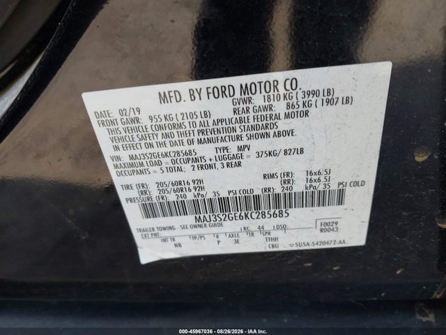 45967036 :رقم المزاد ، MAJ3S2GE6KC285685 vin ، 2019 Ford Ecosport Se مزاد بيع