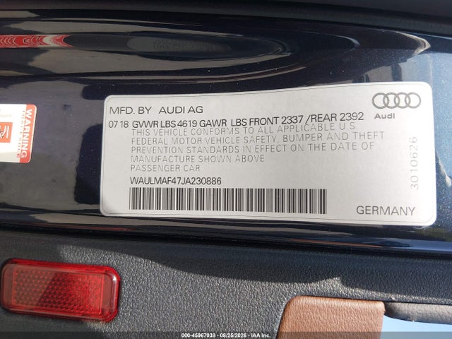 45967038 :رقم المزاد ، WAULMAF47JA230886 vin ، 2018 Audi A4 2.0t Tech Ultra Premium/2.0t Ultra Premium مزاد بيع