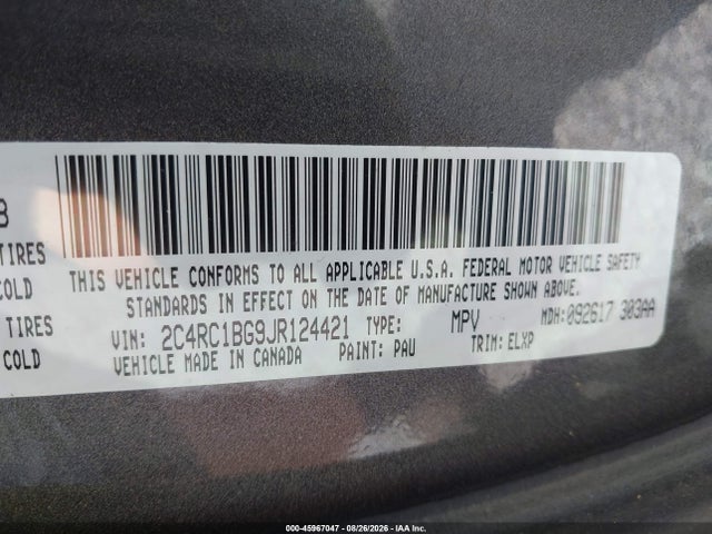 2018 Chrysler Pacifica Touring L მანქანა იყიდება აუქციონზე, vin: 2C4RC1BG9JR124421, აუქციონის ნომერი: 45967047