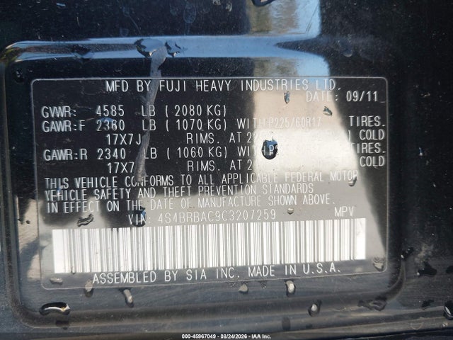 Aukcja sprzedaży 2012 Subaru Outback 2.5i, vin: 4S4BRBAC9C3207259, numer aukcji: 45967049