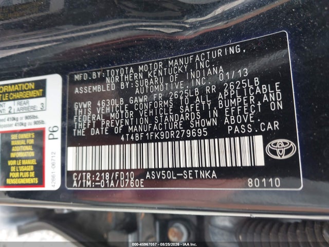 45967057 :رقم المزاد ، 4T4BF1FK9DR279695 vin ، 2013 Toyota Camry Le مزاد بيع