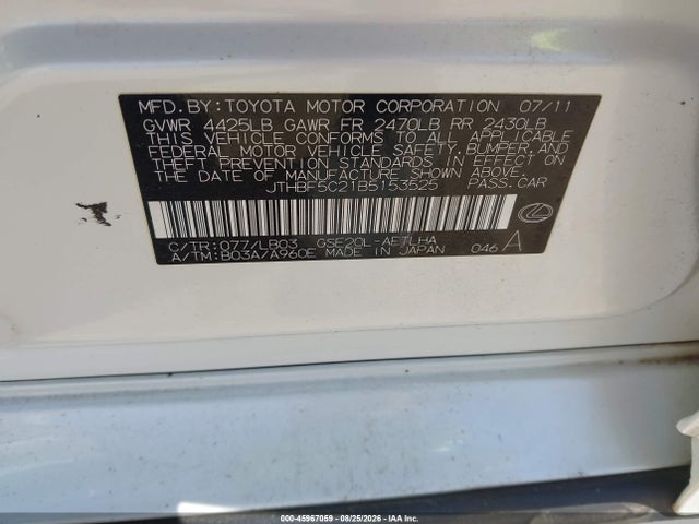 45967059 :رقم المزاد ، JTHBF5C21B5153525 vin ، 2011 Lexus Is 250 مزاد بيع