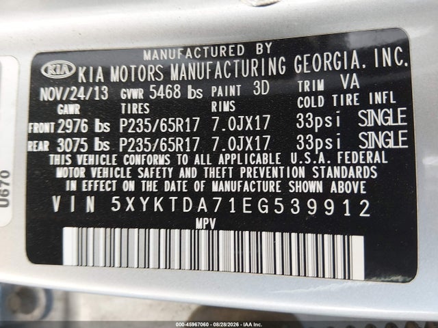 KIA Sorento Lx V6 2014 5XYKTDA71EG539912 Image 9