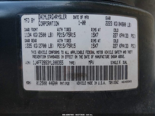 Продажа на аукционе авто 2000 Jeep Cherokee Se, vin: 1J4FF28S3YL208355, номер лота: 45967063